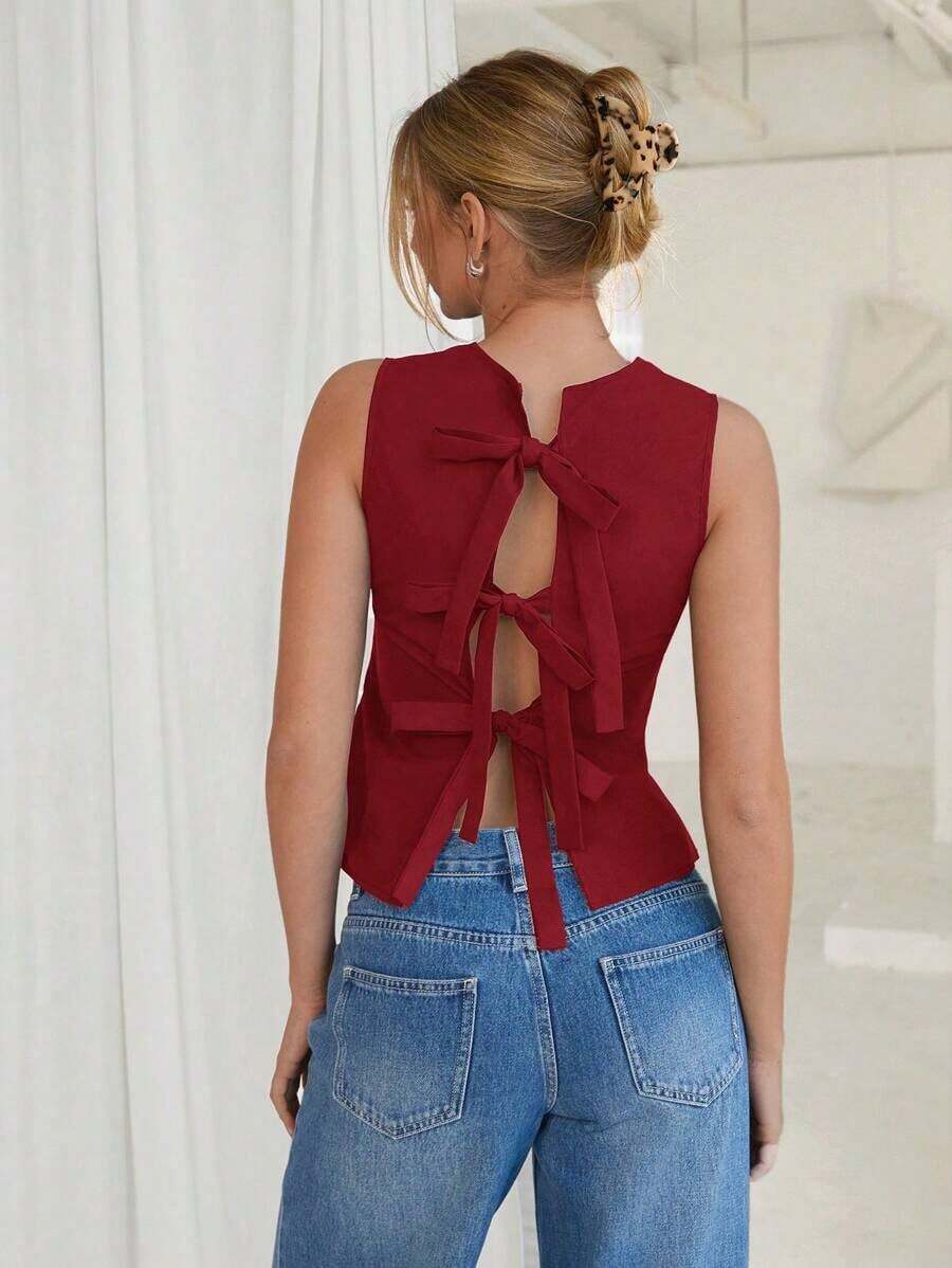 1 pieza Blusa elegante sin mangas de unicolor con espalda descubierta y lazo - Rojo - Ver 1