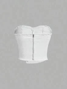 Blusa vaquera de tubo minimalista y de unicolor para mujer - Blanco - Ver 2