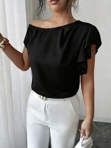 Blusa con hombros descubiertos asimétrica/con volantes + hombros descubiertos, de moda, elegante y sexy - Negro - Ver 4