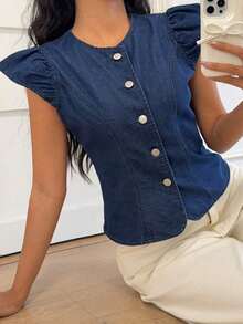 Blusa de mezclilla para mujer, casual con cuello redondo ajustado, azul, adecuada para fiestas, vacaciones, citas, San Valentín, té de la tarde.Blusa casual de rayas con botones delanteros sin mangas, estilo minimalista, para primavera/verano.Blusa - Azul - Ver 5
