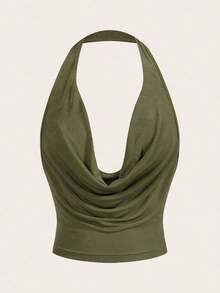 Top corta con escote redondo y sin mangas en color rojo sexy estilo Y2K, de color liso y elegante para mujer - Verde militar - Ver 1