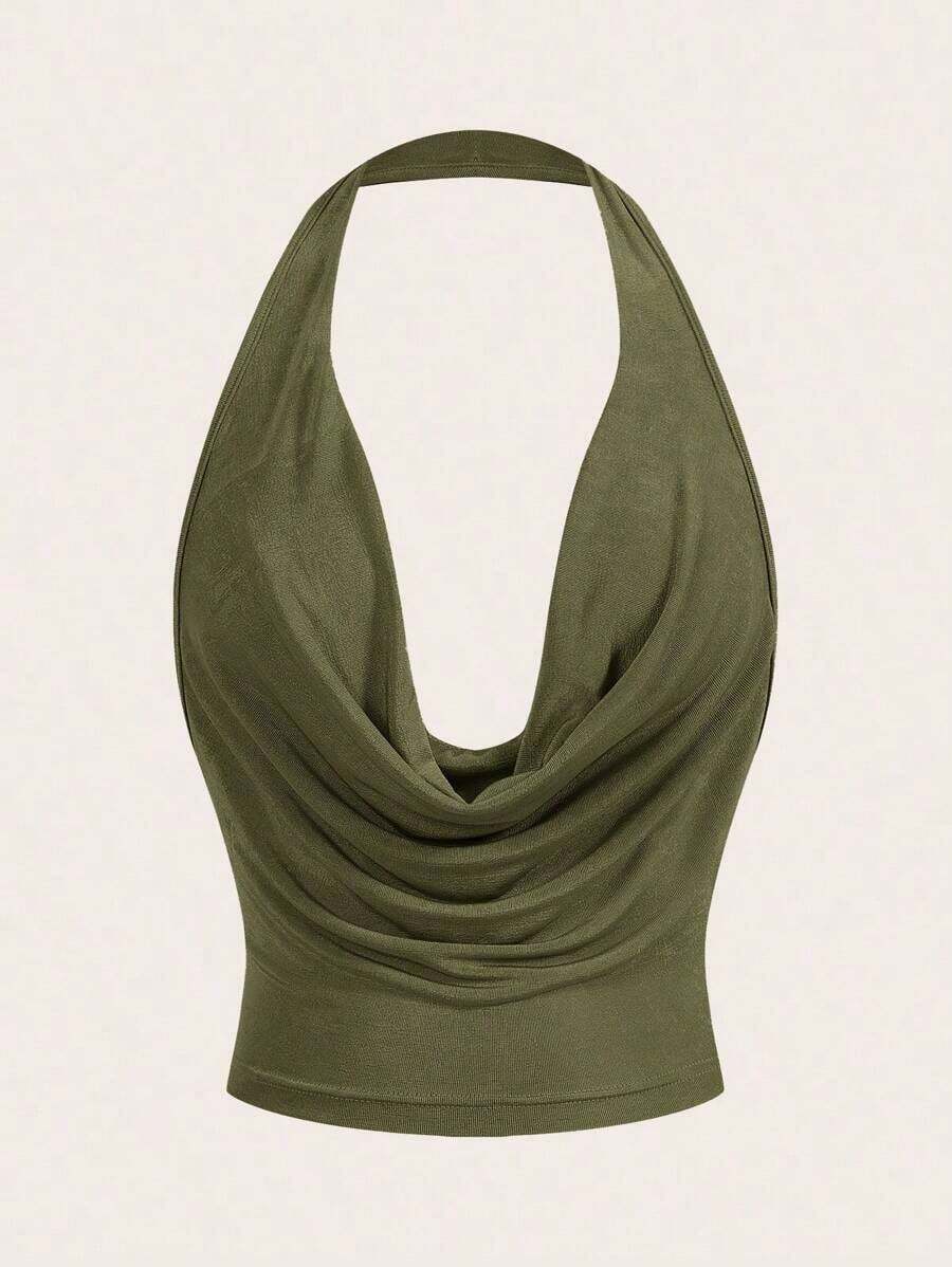 Top corta con escote redondo y sin mangas en color rojo sexy estilo Y2K, de color liso y elegante para mujer - Verde militar - Ver 1