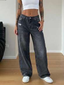 Casual Daily Wear Distressed Low Waist 90's Gray Denim Wide Leg Jean - Dark Wash - View 3