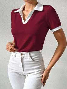 Camiseta de mujer con cuello polo, manga corta, estampado de lunares y parches - Burdeos - Ver 8