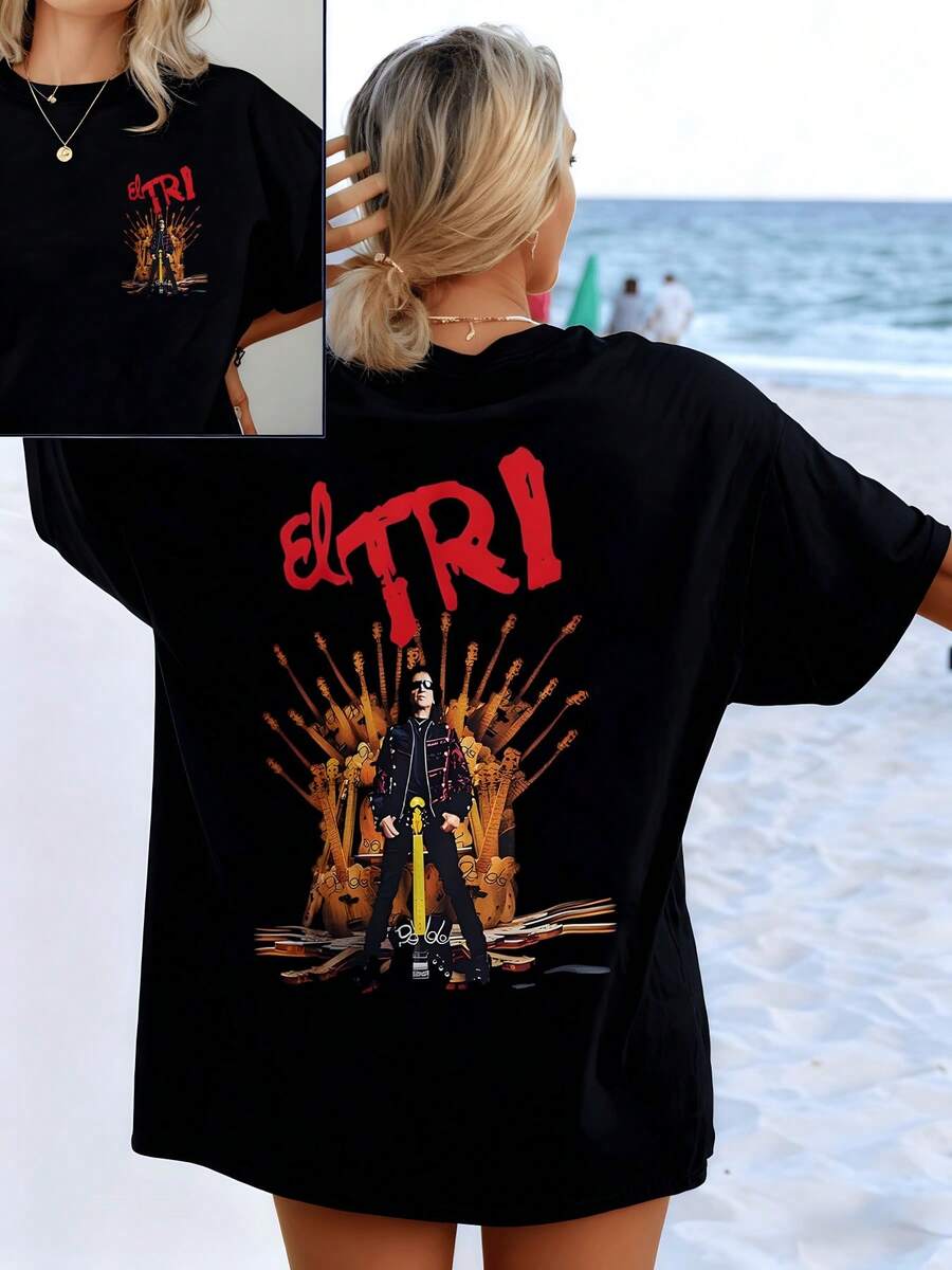 The Throne Of Guitars Symbolizes The Passion For Music And The Strength Of The Rock Spirit With Tones That Evoke Energy, Freedom, And Creativity. Women's Double-Sided Casual Modern T-Shirt - 黑色 - 查看 1