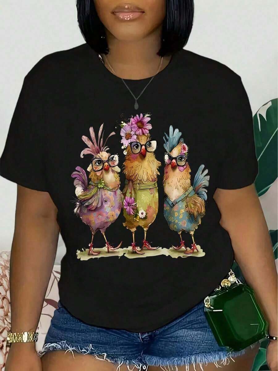 1 Piece Of Women's T-Shirt With Adorable Chicken Print - Short Sleeve, Round Neck, Lightweight And Breathable - Perfect Casual Top For Summer And Spring Fashion - 1-1180g 100% Cotton - 黑色 - 查看 1