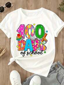 1 Piece "100 Days Of School" T-Shirt With Colorful And Bright Design For Children, Teachers And Students, Celebratory Gift, Wearable Art, Fun Educational Themed T-Shirt, 180g, 100% Cotton. - 白色 - 查看 4