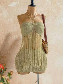 Nuevo conjunto casual de vacaciones de primavera/verano para invitados a bodas en la playa, brunch de graduación, Día de San Patricio, vacaciones de primavera, festival de música de Pascua, elegante estilo bohemio tropical, temporada de bodas, conjunto de playa con flecos bordados en caqui, conjunto de 2 piezas de suéter para vacaciones de verano de mujer - Multicolor - Ver 5
