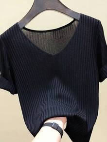 AOSSVIAO 2026 Suéter Básico de Verano para Mujer, Cuello en V, Sólido, Fino, Tejido Acanalado, Manga Corta, Ajustado - Negro - Ver 6
