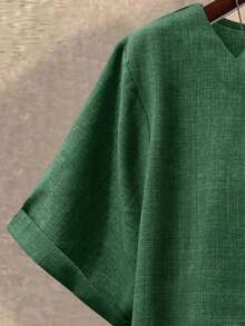Kemeja Lengan Pendek Linen Baru untuk Wanita Ukuran Plus, Blus Kasual Longgar Ringan dengan Kancing Samping Bergaya Retro Artistik untuk Musim Panas - Hijau Tentara - View 4
