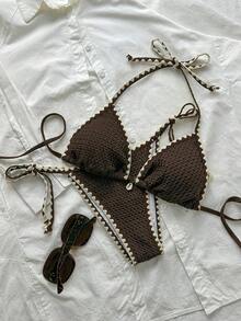 Conjunto de bikini de 2 piezas para mujer de verano con tela jacquard de unicolor, volantes en el borde y tirantes ajustables - Café integral - Ver 1