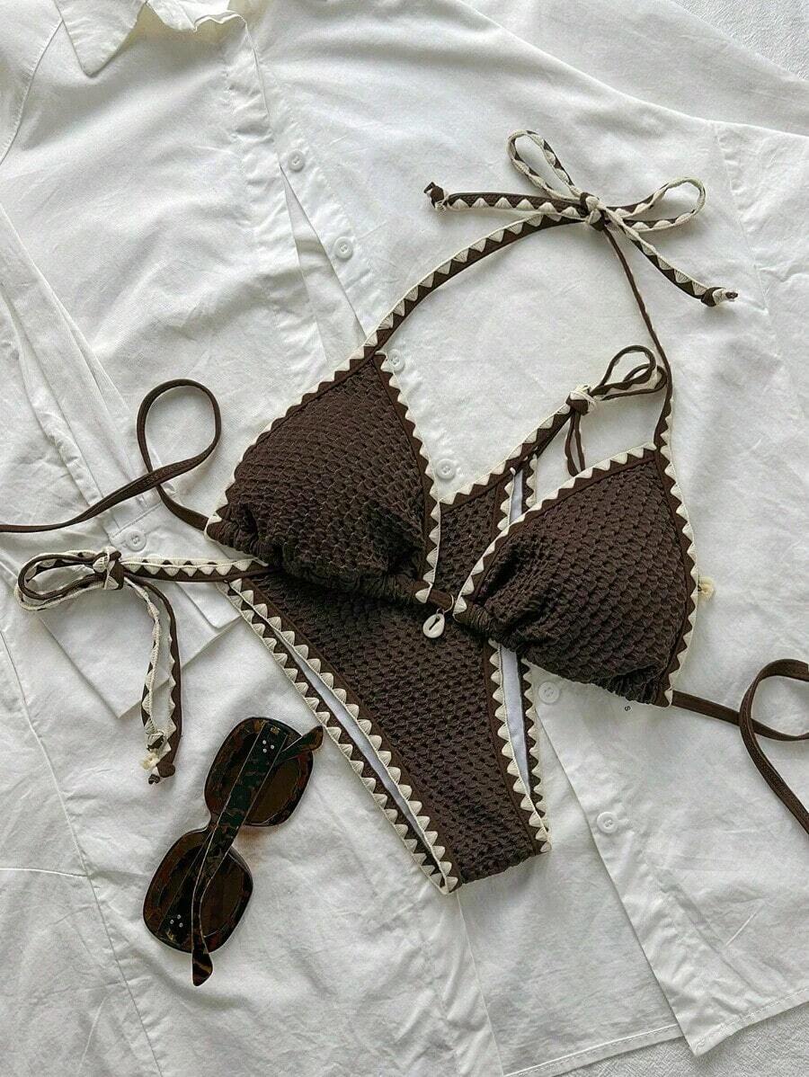 Conjunto de bikini de 2 piezas para mujer de verano con tela jacquard de unicolor, volantes en el borde y tirantes ajustables - Café integral - Ver 1