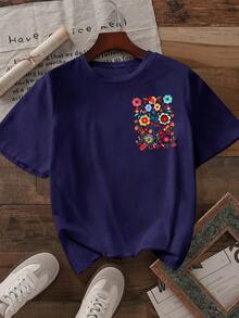 Howell Women's Black Short-Sleeved T-Shirt, Versatile Style, With Hand-Painted Daisy Floral Print, Casual And Cool For Summer - Navy Blue - View 2
