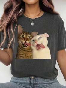 Una camiseta de manga corta de mujer de talla grande, de cuello redondo, con estampado de gatos y grafitis, de estilo casual y multifuncionalPure-Cotton - Blanco 1 - Ver 8