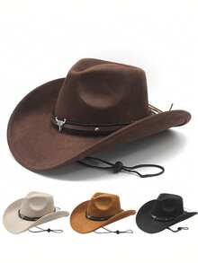 Unisex Western Cowboy Hat With Bull Skull Decor, Wide Brim Felt Cowgirl Hat With Adjustable Chin Strap, Vintage Sun Hat For Outdoor, Party, Festival, 4 Colors - Multicolor - View 1