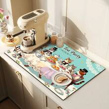 1pc Absorbent Placemat, Cartoon Cat Afternoon Tea Theme Pattern, Suitable For Home And Cafe, Floral Trim Decoration, Multipurpose Drainage Mat, Home Gift, Tabletop Decor - XYLSD-377 - View 3