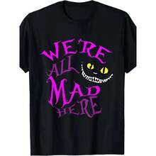 Camiseta 100% Algodón con Estampado "We're All Crazy" de Cheshire - 100% Algodón, Camiseta Negra Casual, Diseño de Ojo de Gato Morado, Manga Corta, Lavable a Máquina, Apta para Todas las Temporadas, Camisetas Gráficas de Ivan Cornejo, Camisetas de Regalo para Hombres y Mujeres - Negro - Ver 1