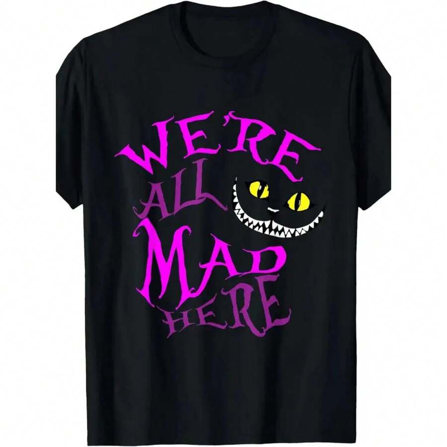 Camiseta 100% Algodón con Estampado "We're All Crazy" de Cheshire - 100% Algodón, Camiseta Negra Casual, Diseño de Ojo de Gato Morado, Manga Corta, Lavable a Máquina, Apta para Todas las Temporadas, Camisetas Gráficas de Ivan Cornejo, Camisetas de Regalo para Hombres y Mujeres - Negro - Ver 1
