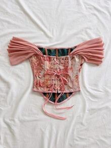 Top tubo con estampado de jacquard floral colorido y estilo vintage palaciego, con botones y nudo trasero, elegante para vacaciones y citas - Rosa - Ver 2
