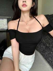 1 pieza Camiseta de manga corta ajustada con cuello anudado y hombros descubiertos para salidas de verano, Crop Tops para mujeres - Negro - Ver 4