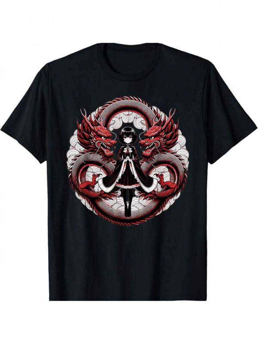Camiseta de Anime Girl Gothic Waifu Japanese Kawaii Otaku Dragon_1 - Negro - Ver 1