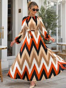 Elegant Pattern Long Sleeve Maxi Dress with Tie Waist - Comfortable Flowy Dress for Everyday Wear, Office Style, Dinner Outfits, Vacation Looks, and Special Occasions - 摩卡棕 - 查看 6