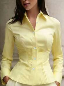 Nueva blusa elegante para mujer, camisa de manga larga con botones y diseño plisado en color blanco, de estilo sofisticado y de alta gama, con apariencia minimalista y profesional, adecuada para ocasiones casuales y citas en primavera - Amarillo - Ver 1