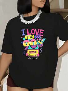 Camiseta Gráfica Retro de las Años 90 para Mujer - Diseño Vintage de Música de las Años 90 I Love The 90s con Cinta de Cassette y Íconos de las Años 90 - Camiseta Ligera para Fans de la Nostalgia de las Años 90 - Negro - Ver 6