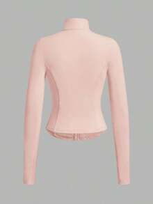 Chaqueta de manga larga de punto ajustada con protección solar para mujer en otoño/invierno, color albaricoque - Rosa Pálido - Ver 2