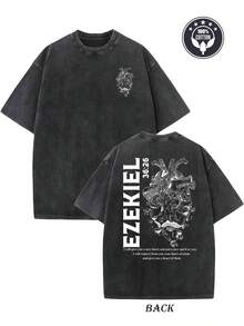 Camiseta vintage estampado creativo EZEKIEL estampada por ambos lados algodón puro 230g peso camiseta lavada camiseta de hombros camiseta urbana para hombre camiseta básica top holgado unisex estilo hip hop playeras de hombre camiseta de mujer nacional envio - Negro - Ver 7