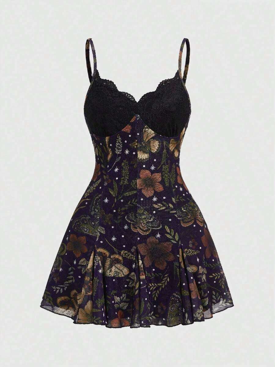 ROMWE Fairycore Vestido mini con tirantes finos, de corte holgado, con estampado floral bohemio, romántico y gótico para mujeres - Morado - Ver 1