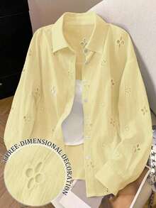 Camisa casual de mujer de manga larga con bordado calado y abotonadura sencilla - Amarillo claro - Ver 12