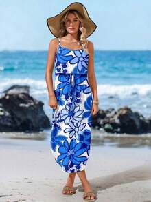 Vestido midi sin mangas con efecto tie-dye, con cintura ajustable y abertura, para el verano - Azul - Ver 7