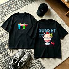2-Piece Couple Matching Pattern T-Shirt, 100% Cotton, Loose Fit, Soft And Breathable, Casual Round Neck Short Sleeved Top Dog Playing Guitar Dog Flying Plane Versatile Patterns No Picky Combinations Coordinated Dating Casual Travel Simple And Cartoonish Printing Styles High Cost-Effectiveness Couple - 黑色 - 查看 1