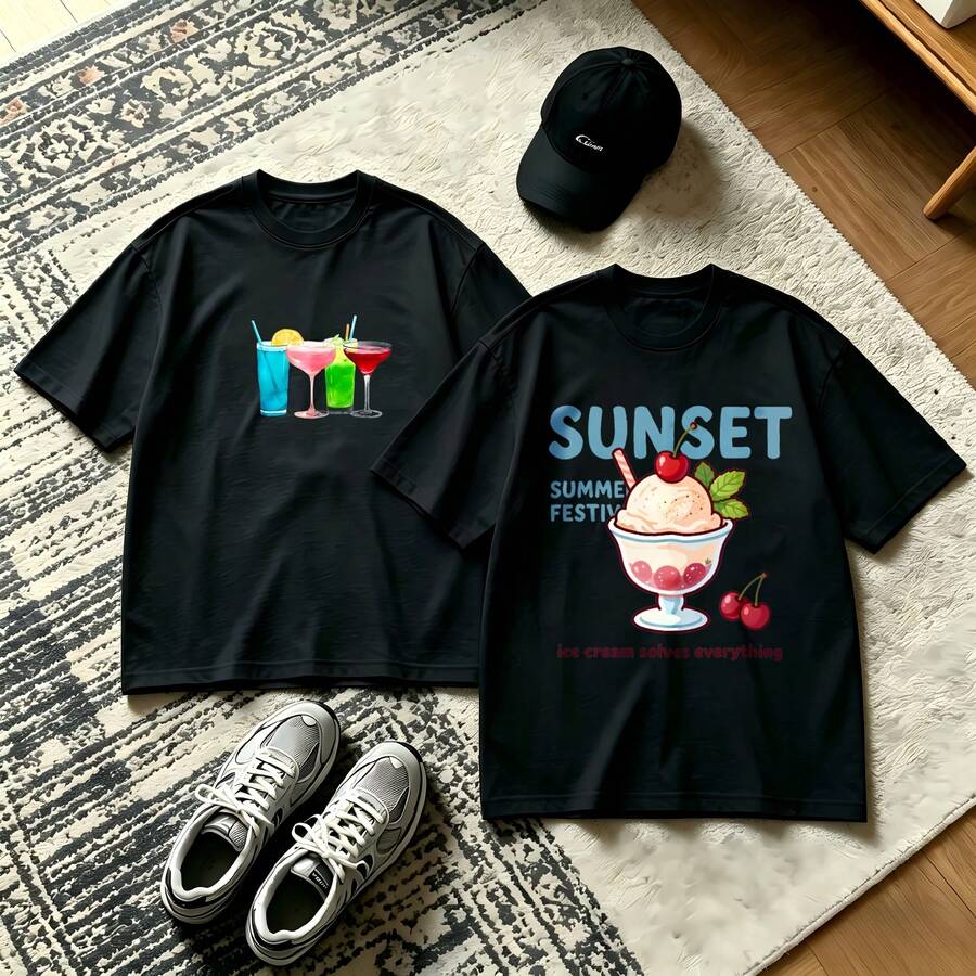 2-Piece Couple Matching Pattern T-Shirt, 100% Cotton, Loose Fit, Soft And Breathable, Casual Round Neck Short Sleeved Top Dog Playing Guitar Dog Flying Plane Versatile Patterns No Picky Combinations Coordinated Dating Casual Travel Simple And Cartoonish Printing Styles High Cost-Effectiveness Couple - 黑色 - 查看 1
