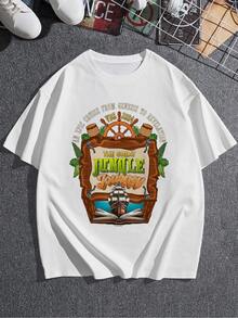 El estampado representa una aventura épica desde el Génesis hasta la Revelación con un barco navegando entre páginas abiertas simbolizando un viaje espiritual y natural por la selva con elementos de exploración y fe camiseta de mujer  cómoda y de estilo casual - Blanco - Ver 3