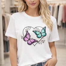 Camiseta de algodón puro para mujer, talla grande M-5XL, cuello redondo, manga corta, estampado de corazón de mariposa, corte holgado informal, suave y transpirable, top básico de verano, camiseta gráfica de moda para uso diario. Adecuada para primavera, verano y otoño. - Blanco - Ver 7