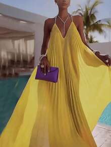 Vestido vacacional de tirantes con escote V profundo, espalda descubierta, pliegues y falda amplia, estilo europeo y americano - Amarillo - Ver 3