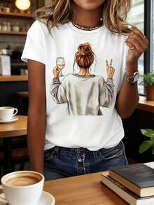 Camiseta Casual con Estampado Gráfico de Arte del Vino, Manga Corta, Cuello Redondo, Top Casual para Verano y Primavera, Ropa de Mujer, 100% Algodón, Duradera - Blanco - Ver 5