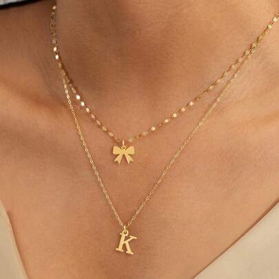 2Pcs/Set Simple Fashion Bowknot Initial Pendant Golden Stainless Steel Lip Chain Layered Choker Necklaces For Women