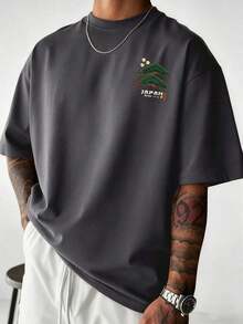 Zrgoth Men's Minimalist And Versatile Casual Short Sleeve T-Shirt With Japanese Crane Print - 深灰色 - 查看 2