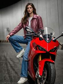 Women's Lapel Fashion PU Leather Jacket | Versatile Commuting Casual Leather Jacket | Zipper Windproof Leather Jacket | Elastic Hem Windproof Jacket | Women's Motorcycle Leather Jacket With Pockets, Loose And Slimming - Phiên bản xe đạp màu đỏ - Xem 2