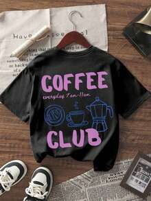 Short-Sleeved T-Shirt With Round Neck, Coffee And English Print, Casual And Versatile, Suitable For Everyday Wear In Summer - 黑色 - 查看 2
