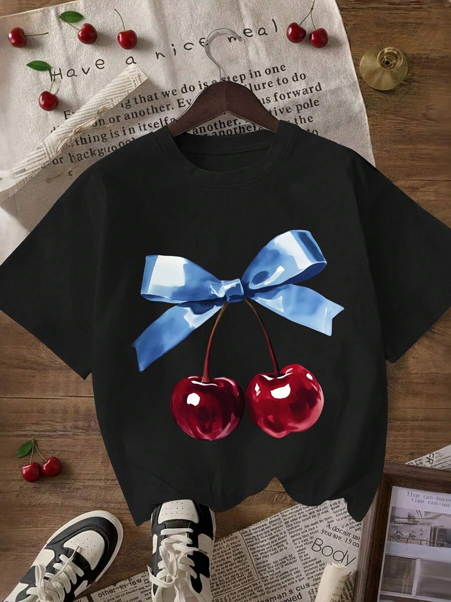 Women's Y2K Cherry Bow Print T-Shirt, Casual Short Sleeve Crew Neck T-Shirt, Suitable For Everyday Wear - Unisex Loose Cotton Short Sleeve Crew Neck T-Shirt, Vintage Urban Style, Blouses For Women. Casual Blouses For Ladies. - 黑色 - 查看 1