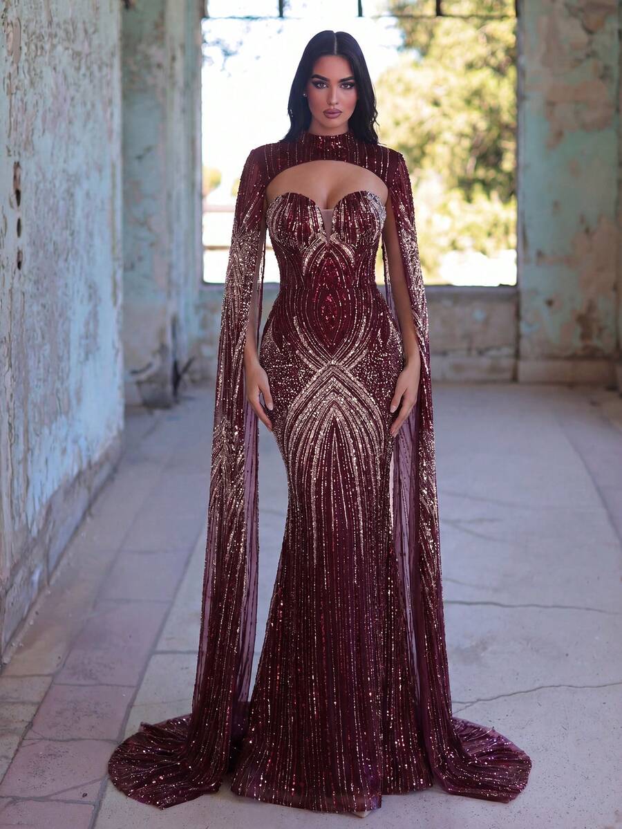 Faeriesty Đầm dạ hội sang trọng kiểu đuôi cá tay bồng đính cườm, thích hợp cho kỳ nghỉ. - Màu đỏ tím - Xem 1