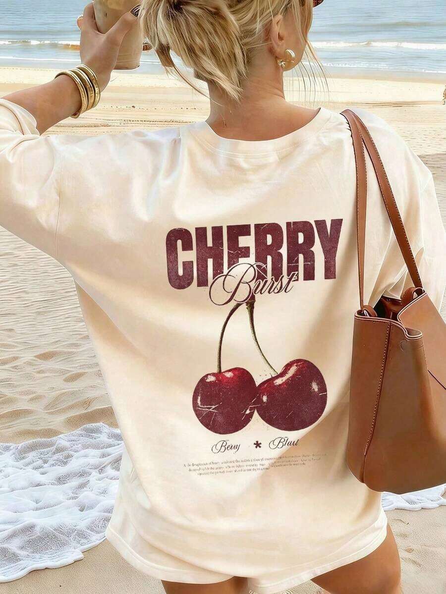 Camiseta de manga corta para mujer, corte holgado, cuello redondo, color beige, con estampado de explosión de cerezas, top para vacaciones en la playa, estilo vintage de verano, estilo urbano unisex, blusas de algodón de manga corta y cuello redondo para mujer. blusas.blusas casuales para dama. - Albaricoque - Ver 1