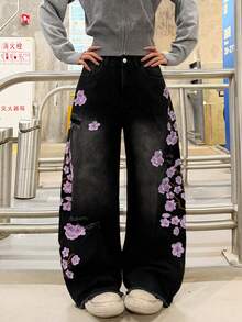 1pc Women's American Street Style Distressed Embroidered Wide Leg Loose Comfortable All-Season Denim Jeans Long Pants (This Product Does Not Include Belt/Accessories) - Mauve Purple - View 8