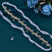 Thắt lưng cô dâu hình lá đính đá vàng lấp lánh, làm thủ công, kèm ruy băng organza, phù hợp với váy dạ hội và váy cưới. - Vàng - Xem 3