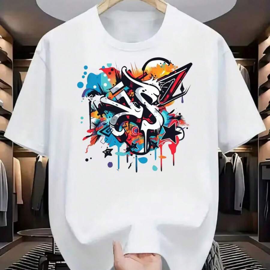 Camiseta estampada, tejida en algodón puro, con diseño de cuello redondo, estilo unisex, camisa creativa y moderna, ideal para primavera y otoño, holgada y cómoda para hombres y mujeres. - Blanco - Ver 1