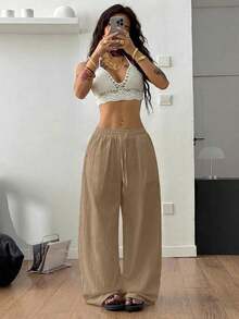 Pantalones blancos de algodón 100% lavados, con dobladillo curvo, para mujer, estilo básico minimalista, para ir a conciertos campestres de verano, salir, playa y vacaciones bohemias.Ropa de mujer para otoño. - Caqui 2 - Ver 10